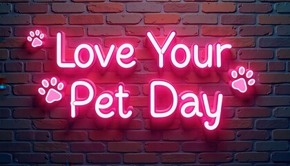 Playful Neon Sign Celebrates Love Your Pet Day on Brick Wall