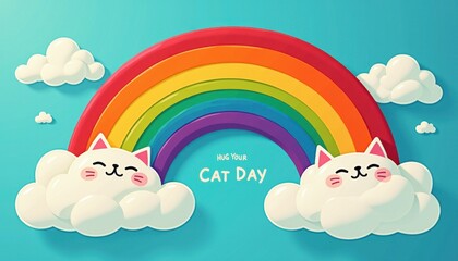 Celebrate HUG YOUR CAT DAY with Two White Cats Dreaming on Clouds under a Rainbow Blue Sky