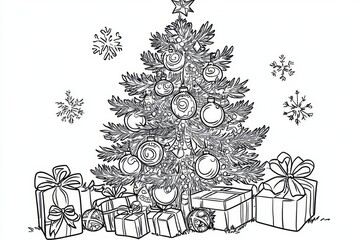 Fototapeta premium Christmas Tree Coloring Page with Gifts and Snowflakes