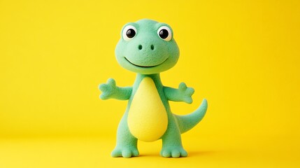 Fototapeta premium Adorable Green Dinosaur Stands Against Yellow Background