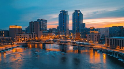 Fototapeta premium La Crosse Wisconsin at Sunset: Cityscape Panorama