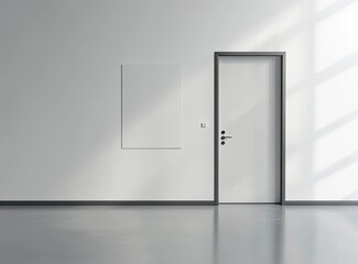 White wall with a blank poster mockup in a modern office interior, a black glass meeting room door on the right side. Minimalism concept. 3D rendering. 