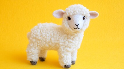 Fototapeta premium Adorable Fluffy Lamb Toy Against Yellow Background