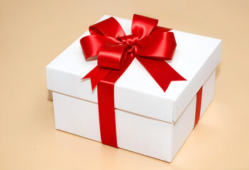 Fototapeta premium A pristine white gift box adorned with a vibrant red satin ribbon bow. The box sits on a pale beige background, suggesting a celebratory occasion.