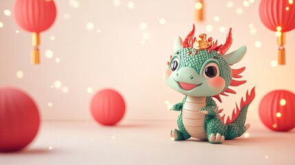 Fototapeta premium Adorable chibi green dragon enjoying festive Chinese New Year vibes