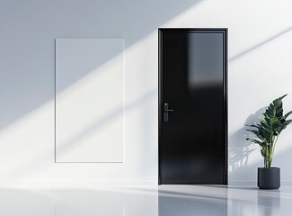 White wall with a blank poster mockup in a modern office interior, a black glass meeting room door on the right side. Minimalism concept. 3D rendering. 