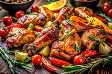 Succulent BBQ chicken wings and roasted vegetables, grilled to perfection.