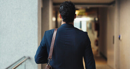 Back, job opportunity and walking with business man in corridor of office for start of career....