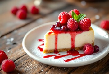 Delicious Cheesecake Slice with Raspberry Sauce and Fresh Berries on Rustic Table