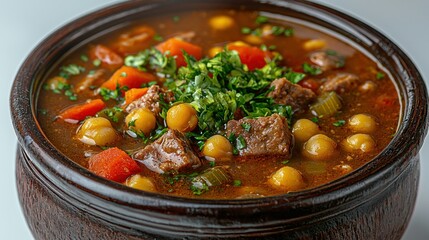 Steaming beef and chickpea stew in a wooden bowl on white background