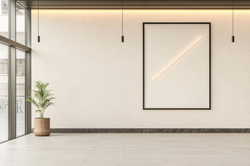 modern interior space featuring minimalist design with large framed artwork and potted plant. bright, neutral colors create serene atmosphere