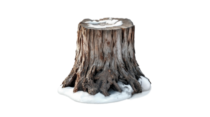 Old tree stump with snow  isolated on transparent background Winter nature scene