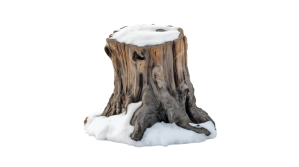 Snow covered tree stump winter nature wood texture isolated on transparent background