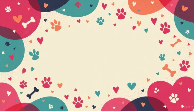 Vibrant Valentine's Day Pet Love Background: Paw Prints, Hearts, and Bones