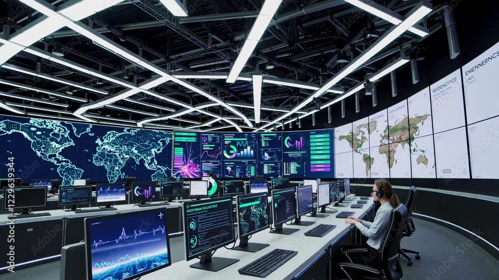 Poster Futuristic control room showcasing advanced holographic VFX and HUD technology in a global monitoring setup