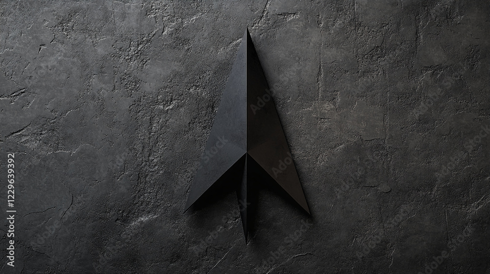 Poster minimalist black paper plane against a textured dark concrete background, symbolizing creativity, in
