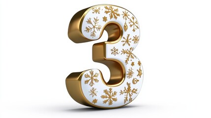 Gold and White Number Three with Snowflakes for Christmas Decoration