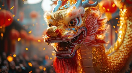 Fototapeta premium Golden dragon costume, vibrant festival, celebratory dance.