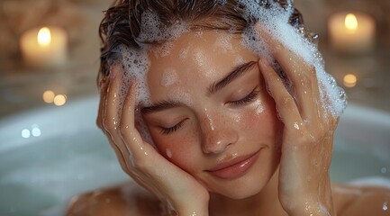 A young woman relaxes in a bubble bath with her eyes closed, her hands covered in bubbles.
