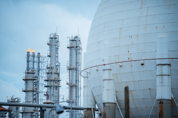 Industrial facility with large gas storage and refinery towers against a cloudy sky during late afternoon