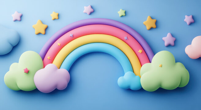 Vibrant Play-Doh rainbow accompanied by whimsical clouds and colorful stars on a blue background