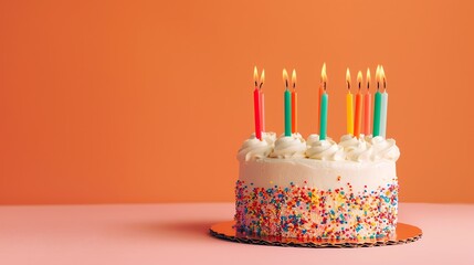 A birthday cake with lit candles.