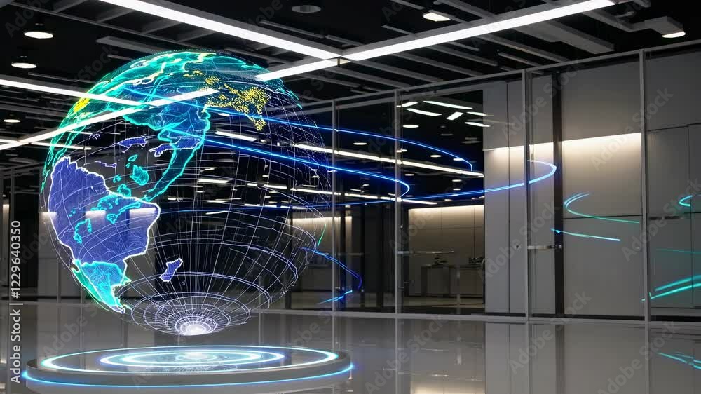 Leinwandbilder futuristic hologram display of earth in modern office setting featuring advanced vfx and hud element
