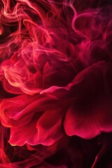 Red flower petals with swirling smoke background showcasing beauty and elegance in nature. Artistic representation of floral elements and dynamic movement.