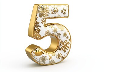 Festive Golden Number Five with Snowflake Design on White Background