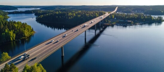 Aerial View of a Long Bridge Spanning a Serene Lake in Finland