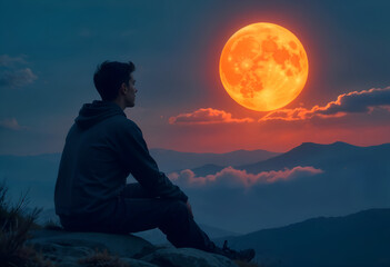Obraz premium A lone man sits on a mountaintop, silhouetted against a breathtaking view of a vibrant orange blood moon rising over a misty mountain range. The scene evokes tranquility and awe.