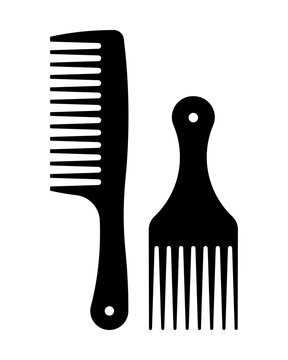 Barber comb and Afro pick. Silhouette of hair styling tools. Vector illustration, black outline. Template, form, and blank.