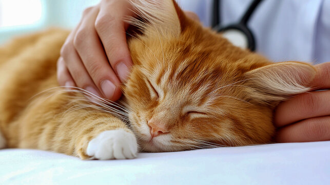 A red-haired cat sleeps with her head in a man's arms. The cat looks calm and relaxed, her eyes are closed. The human's hands gently stroke the cat's head and neck.