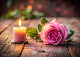 Tilt-shift miniature of a romantic table setting: a pink rose candle, soft focus, dreamy bokeh, fairy tale charm.