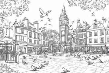 Fototapeta premium Elegant European Cityscape Drawing