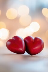 Obraz premium Red heart shapes placed together on a wooden surface with blurred bokeh lights in the background, symbolizing love, romance, and togetherness in celebration.