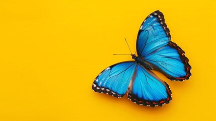 A blue butterfly with black markings on a yellow background.