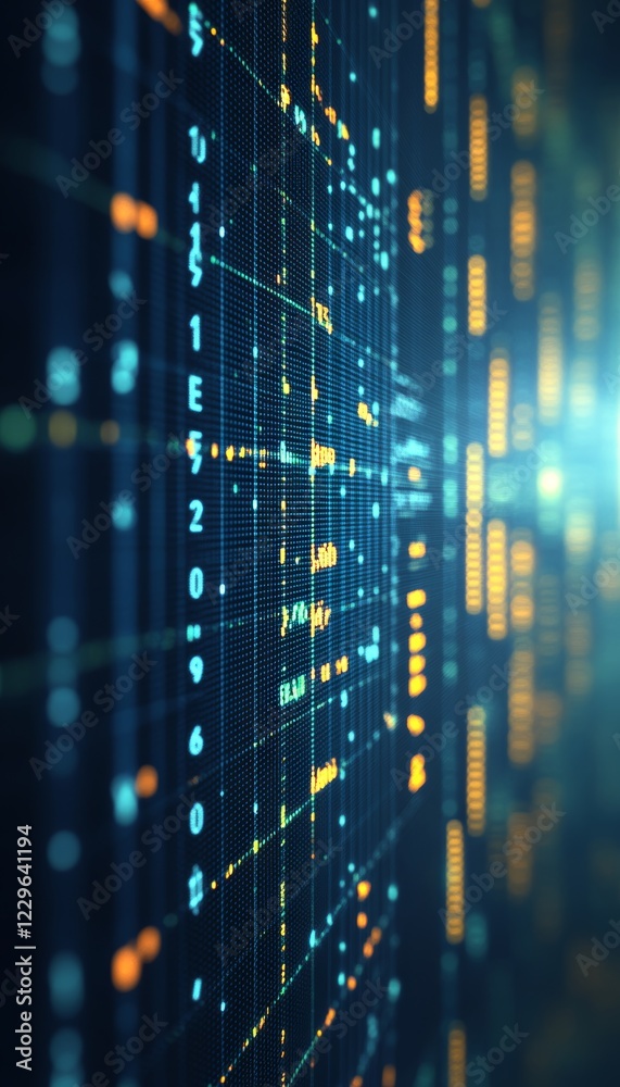 Poster digital data stream abstract background with glowing lines and numbers on a dark blue background