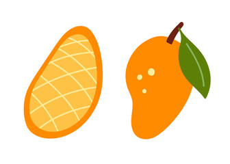 Mango half and whole tropical fruit vector set