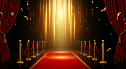 Red carpet event with golden lights and dramatic curtains creating an elegant atmosphere for a celebration