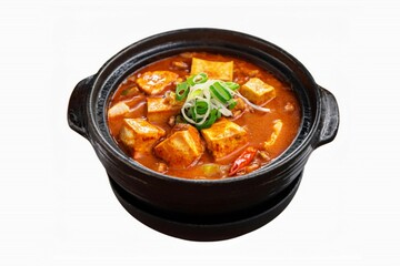 steaming hot bowl of Korean-style spicy tofu stew, known as soondubu jjigae, served in a traditional black earthenware pot isolated on white background with clapping path full of depth