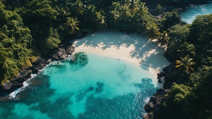 A serene tropical beach with crystal-clear water and lush palm trees, ideal for 2024 travel inspirations,