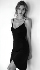 Fototapeta premium A young woman with blonde hair poses in a simple black dress against a white background. The image is in monochrome, emphasizing the dress's sleek design and her confident posture.