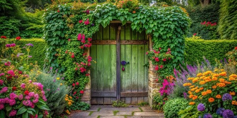 Fototapeta premium A beautifully weathered old garden gate is covered in lush green ivy and vibrant colorful flowers, creating a charming and inviting atmosphere, nature, decoration