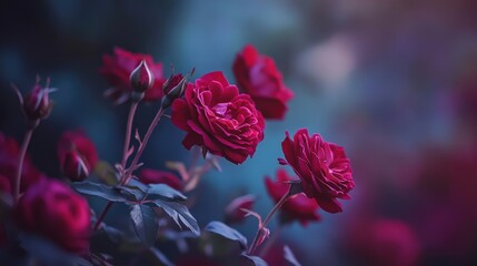 Red roses in a garden, showcasing vibrant petals and lush greenery. Ideal for floral decoration, romance themes, or nature-inspired projects. Perfect for weddings, events, and greetings.