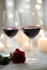 Red wine glasses, romantic candlelight dinner, and a single rose on a table setting for special occasions like anniversaries or date nights, perfect for love and intimacy.