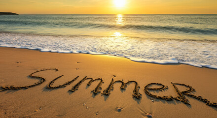 Fototapeta premium Warm sunset over a beach with summer written in the sand during golden hour