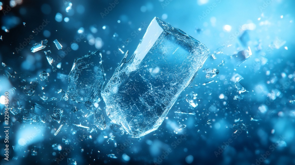 Poster broken glass shards scattered across deep blue background creating a dynamic abstract composition wi
