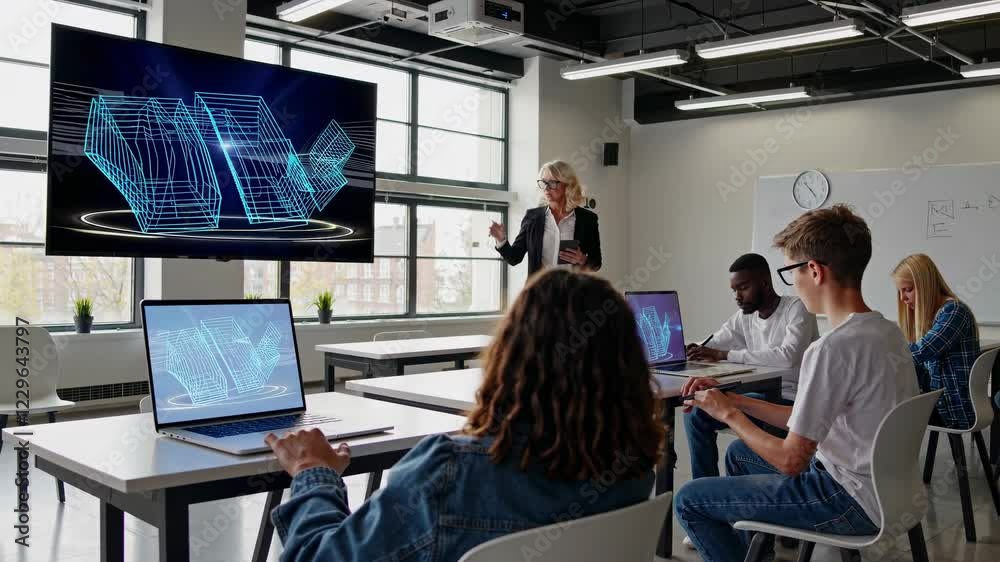 Poster Students engage in technology-focused learning with holograms in a modern classroom