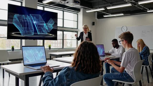 Students engage in technology-focused learning with holograms in a modern classroom